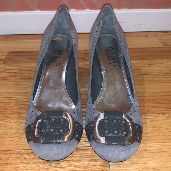 Grey Suede Modest Heel. Buckle on Both Toe Fronts. - Picture 2 of 3